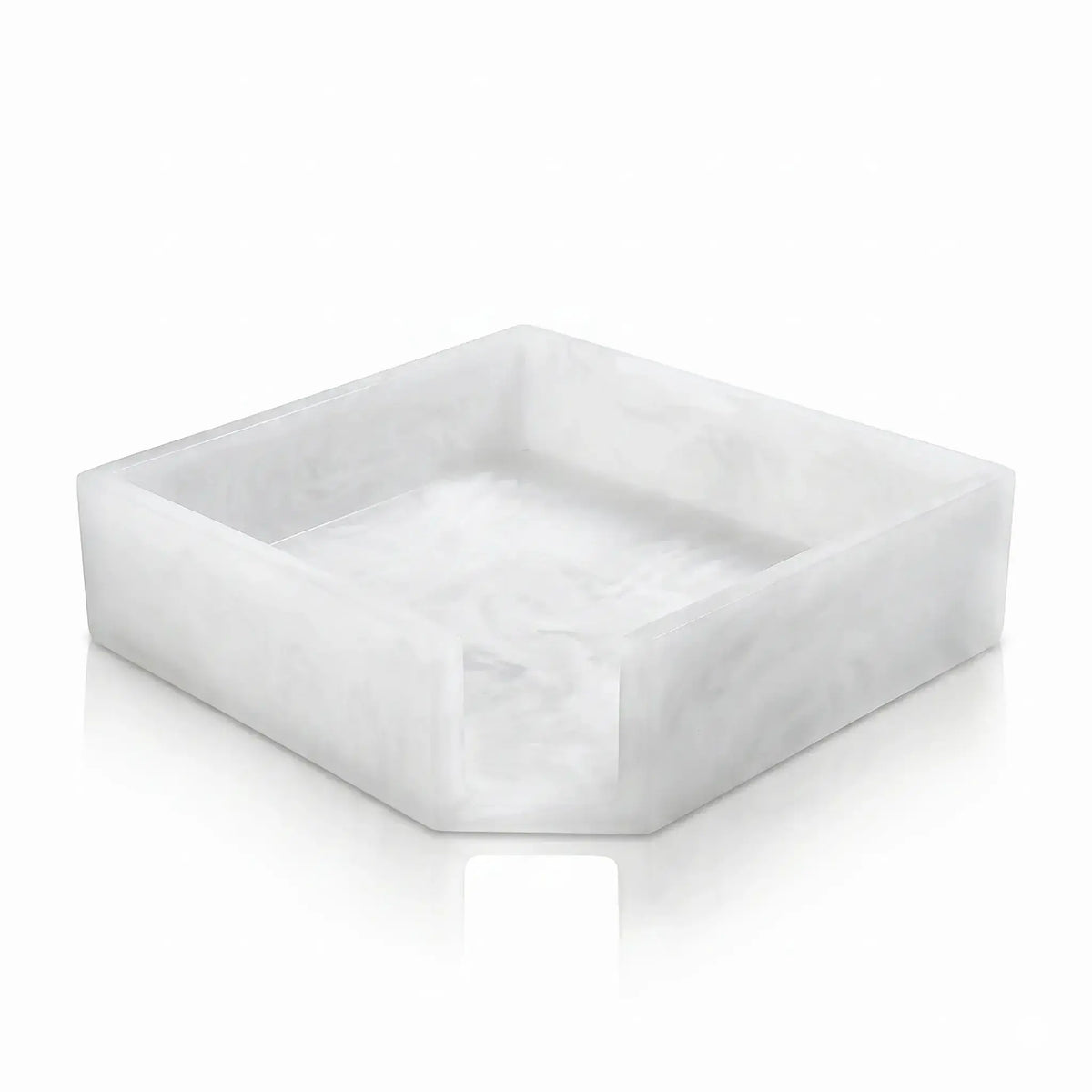 White square resin napkin holder with clean lines and subtle marble texture detail, perfect for Pesach and Shabbos table settings.