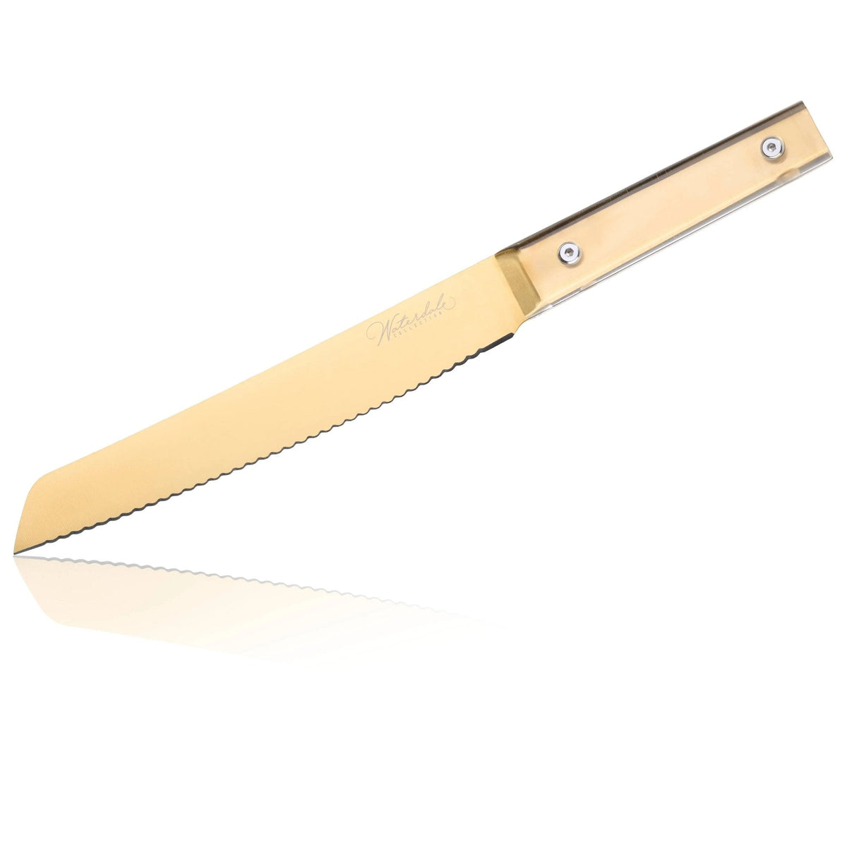 Waterdale Collection classic bread knife with wooden handle and serrated blade, displayed at an angle on white background.