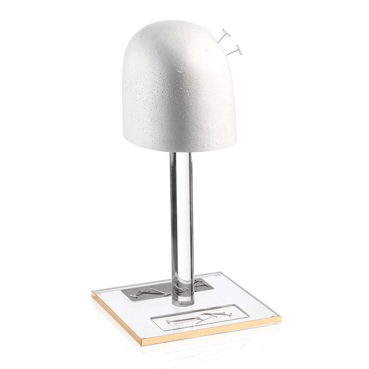 Classic Lucite wig head with chrome stand on wooden base, perfect for wig display and styling