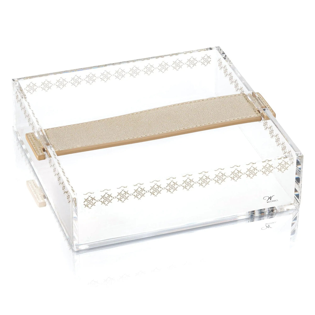 Clear acrylic napkin holder with leather strap handles and gold metal accents, featuring a light wood divider and diamond pattern detailing on sides.