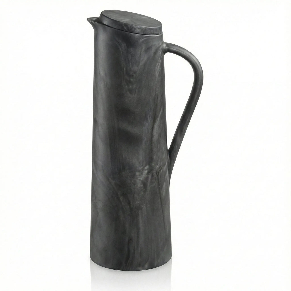 Charcoal gray resin pitcher with textured twig-inspired pattern and curved handle, ideal for Passover entertaining and tabletop décor.