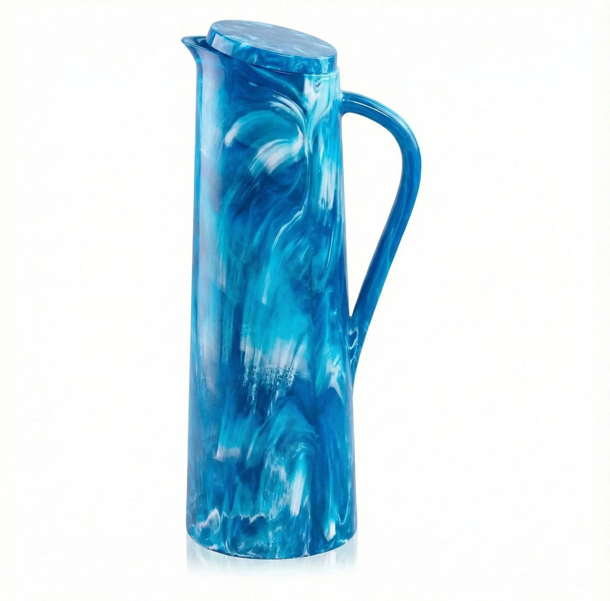 Blue resin pitcher with swirled marble pattern, featuring a handle and pour spout, ideal for serving beverages and tabletop display.