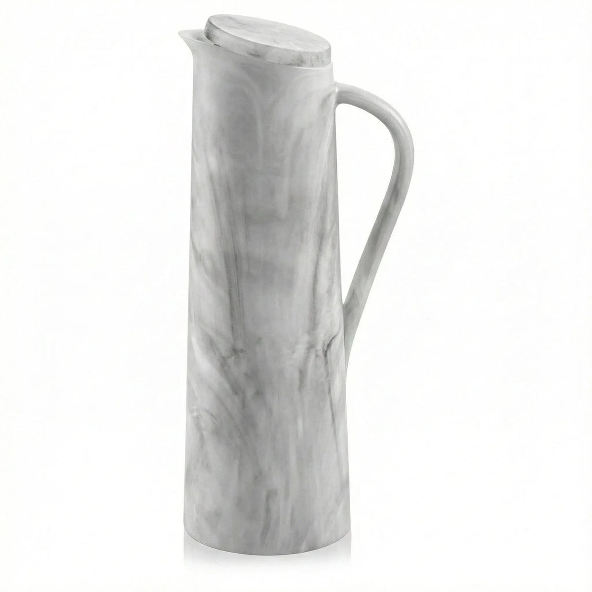 Waterdale Collection resin pitcher in white marble pattern with curved handle and tapered spout design for serving beverages.