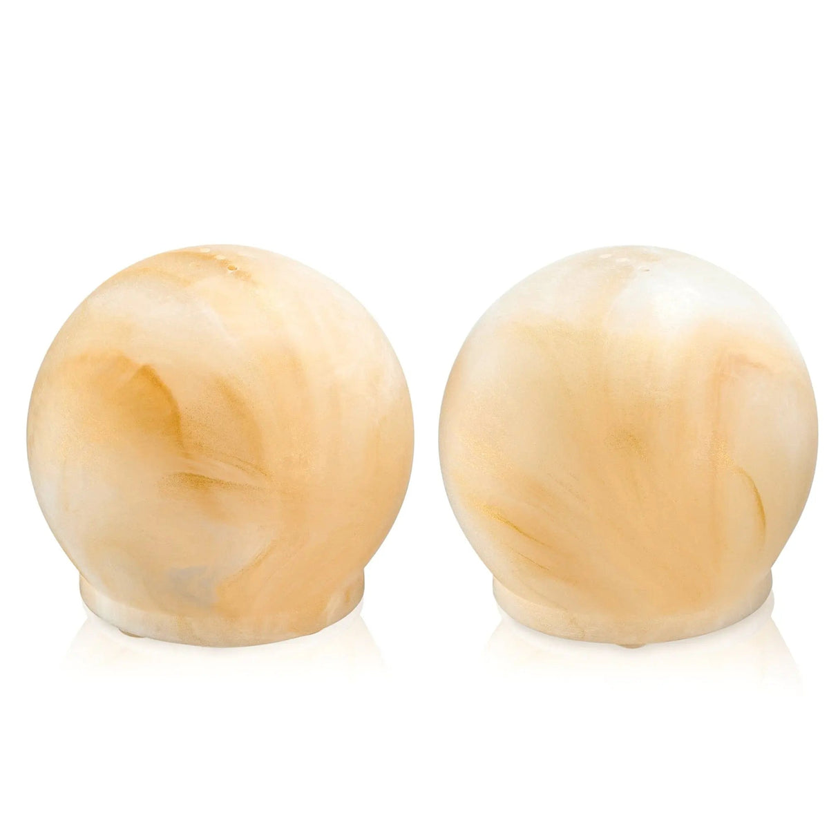 Pair of translucent amber resin salt shakers with rounded dome tops from Waterdale Collection's MetaLucite Pesach Collection