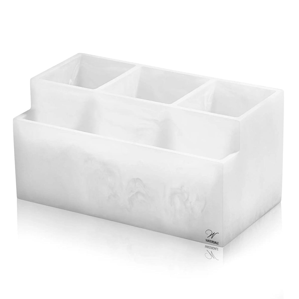 White marble resin silverware caddy with six compartments for organizing utensils and table settings.