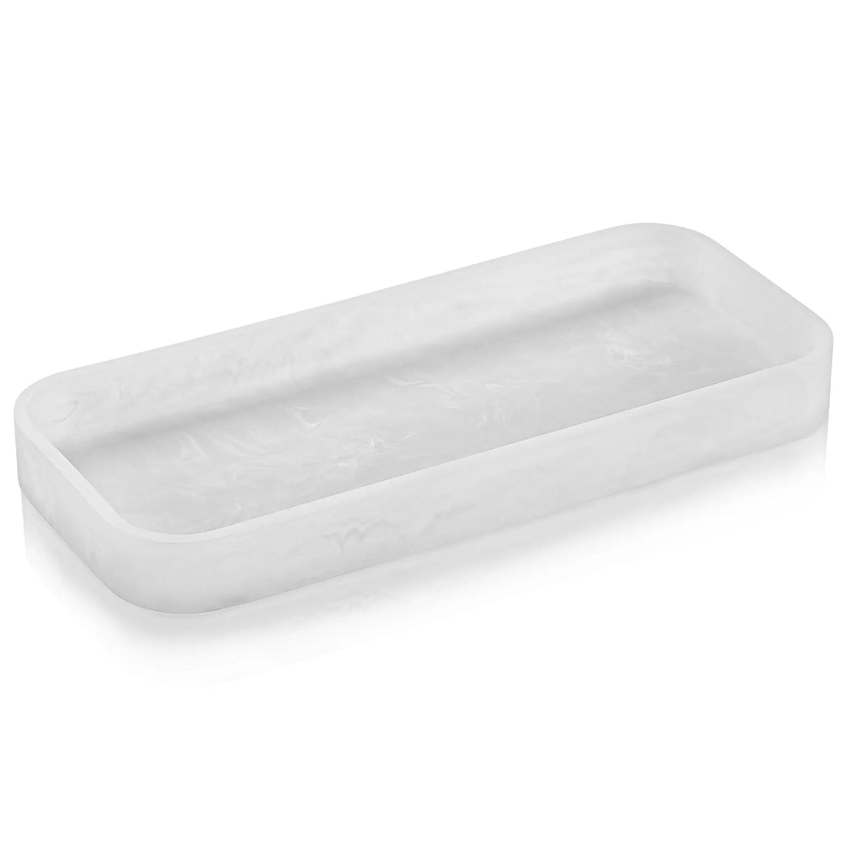 White resin towel tray with rounded corners and raised edges, ideal for bathroom vanity or bread serving.