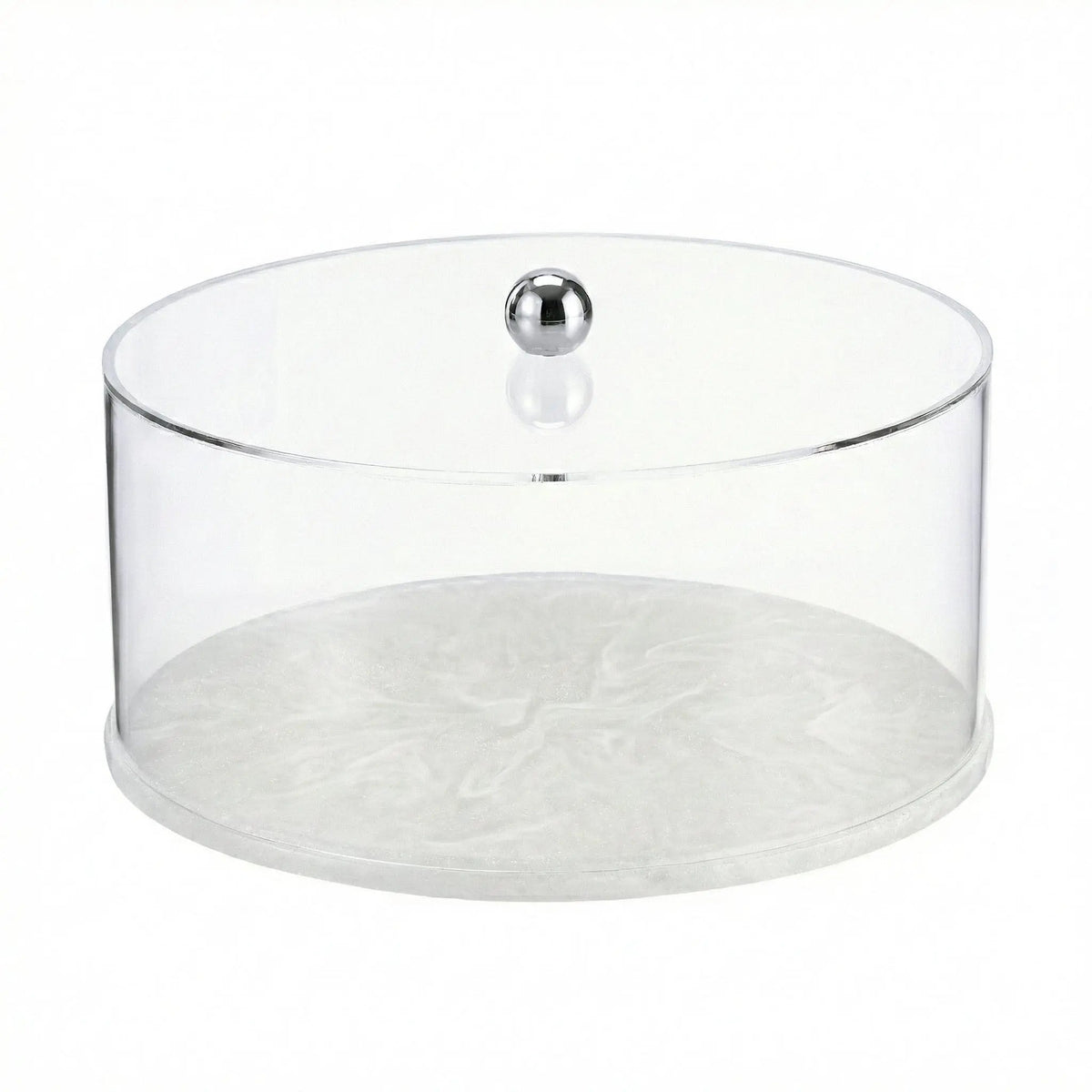 Round clear resin cake dome with white marble base and chrome knob, ideal for serving and displaying desserts at gatherings.