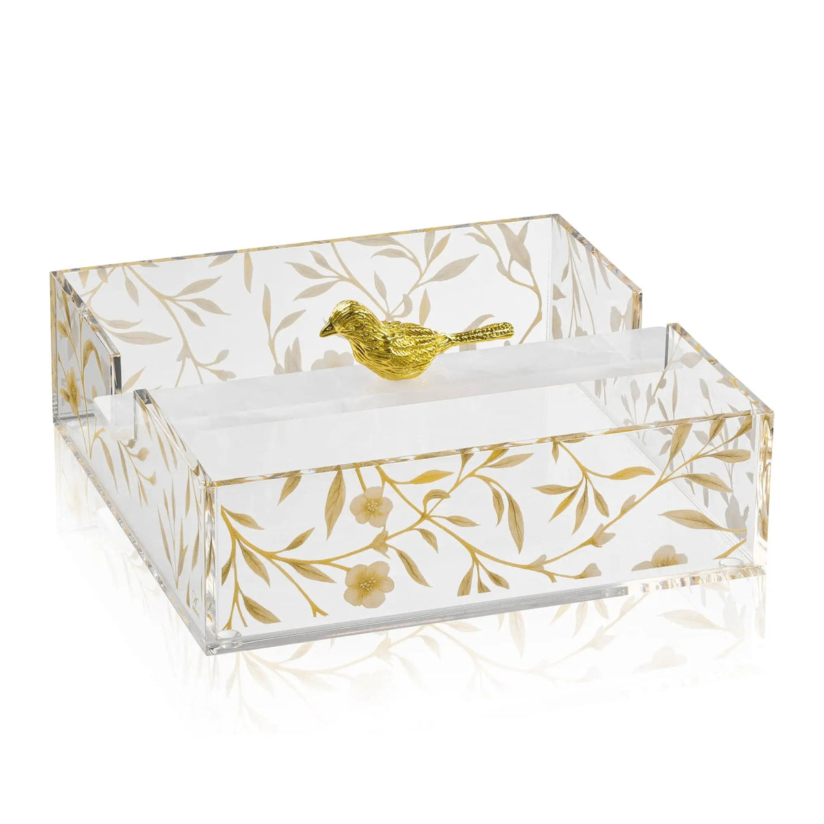 Square floral bird napkin holder with gold leaf design on white acrylic, perfect for elegant table settings and hostess gifts.
