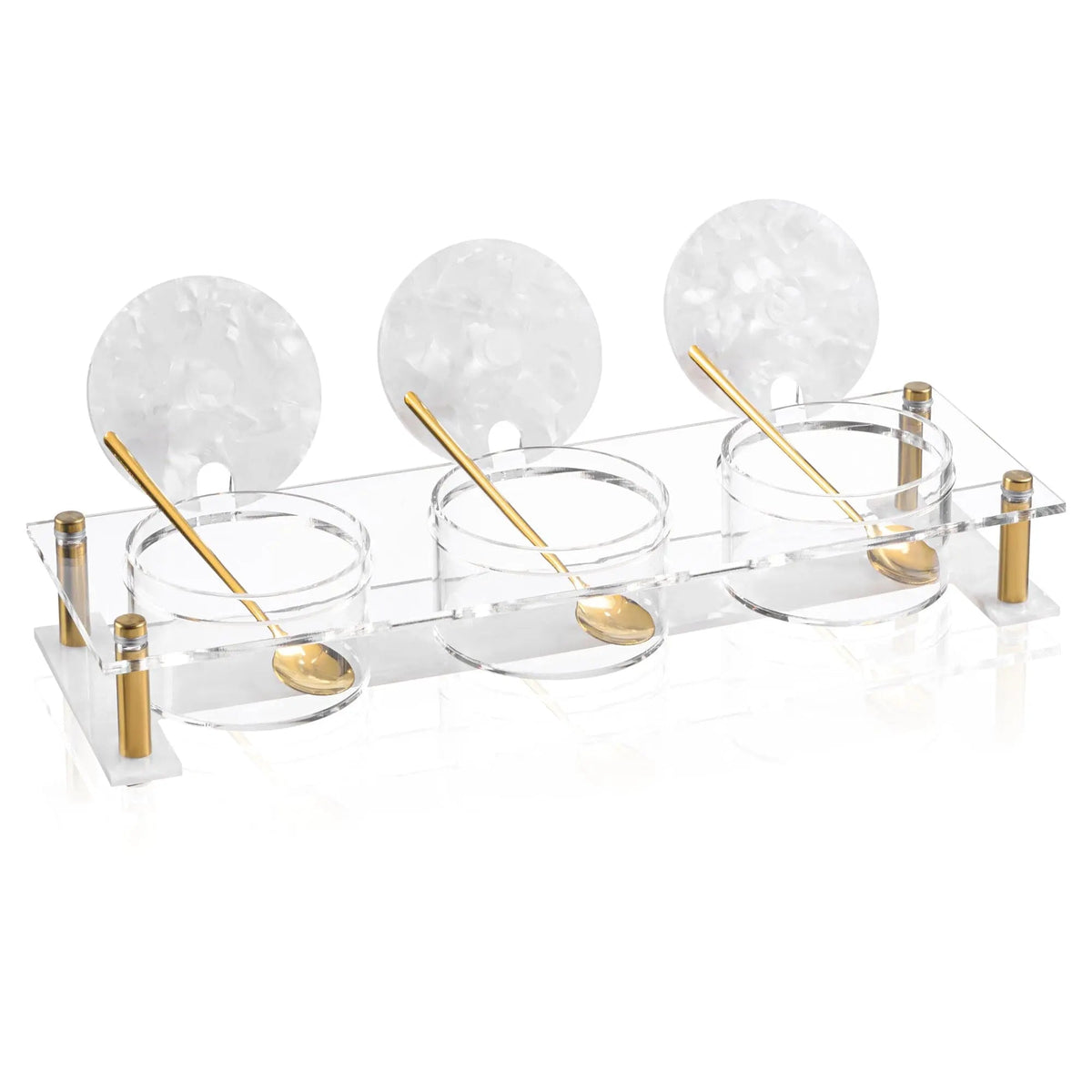 Three suspended pearlstone dip bowls with gold-tone holders and spoons, modern serveware for entertaining and holiday gatherings.