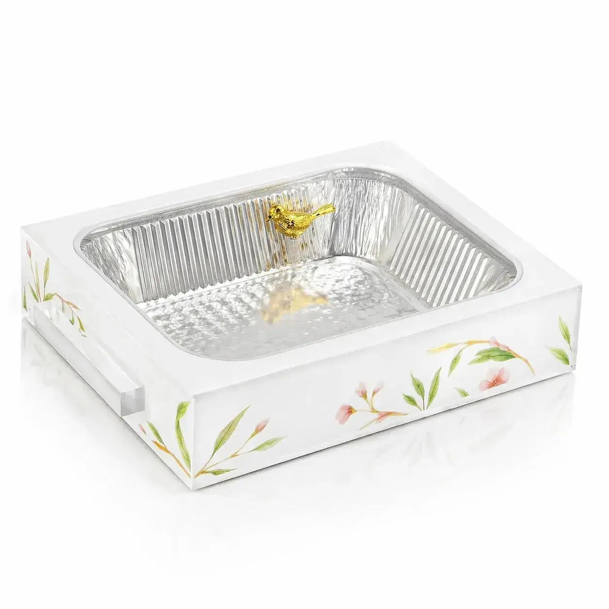 White floral bird ceramic pan holder with gold accents, featuring a ribbed aluminum insert and pearl marble finish base for serving dishes.