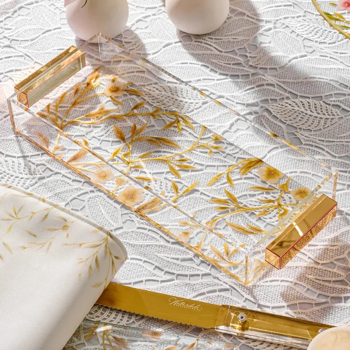 Waterdale Collection floral bird bread tray with gold accents displayed on white tablecloth, featuring delicate botanical design perfect for serveware and Shabbat entertaining.