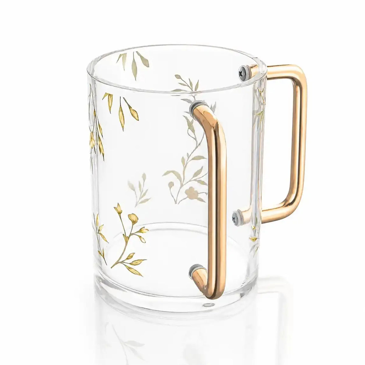 Floral Bird Washing Cup in clear glass with gold botanical accents and brass handle by Waterdale Collection.