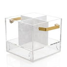 Pearlstone Swivel Silverware Caddy in clear acrylic with marble pattern and brass handles, shown from angled front view.