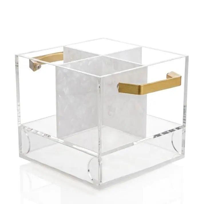 Pearlstone Swivel Silverware Caddy in clear acrylic with marble pattern and brass handles, shown from angled front view.