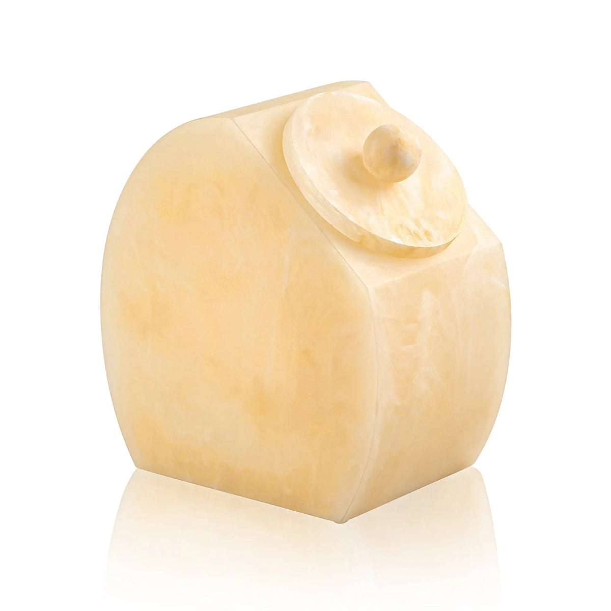 Cream-colored resin cookie jar with dome lid and decorative finial, elegant tabletop serveware for storage and serving.