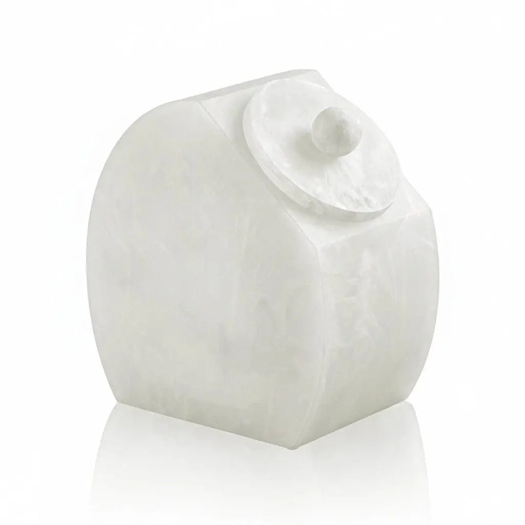 White translucent resin cake dome with matching lid and knob finial, elegant serveware for cookies and desserts.