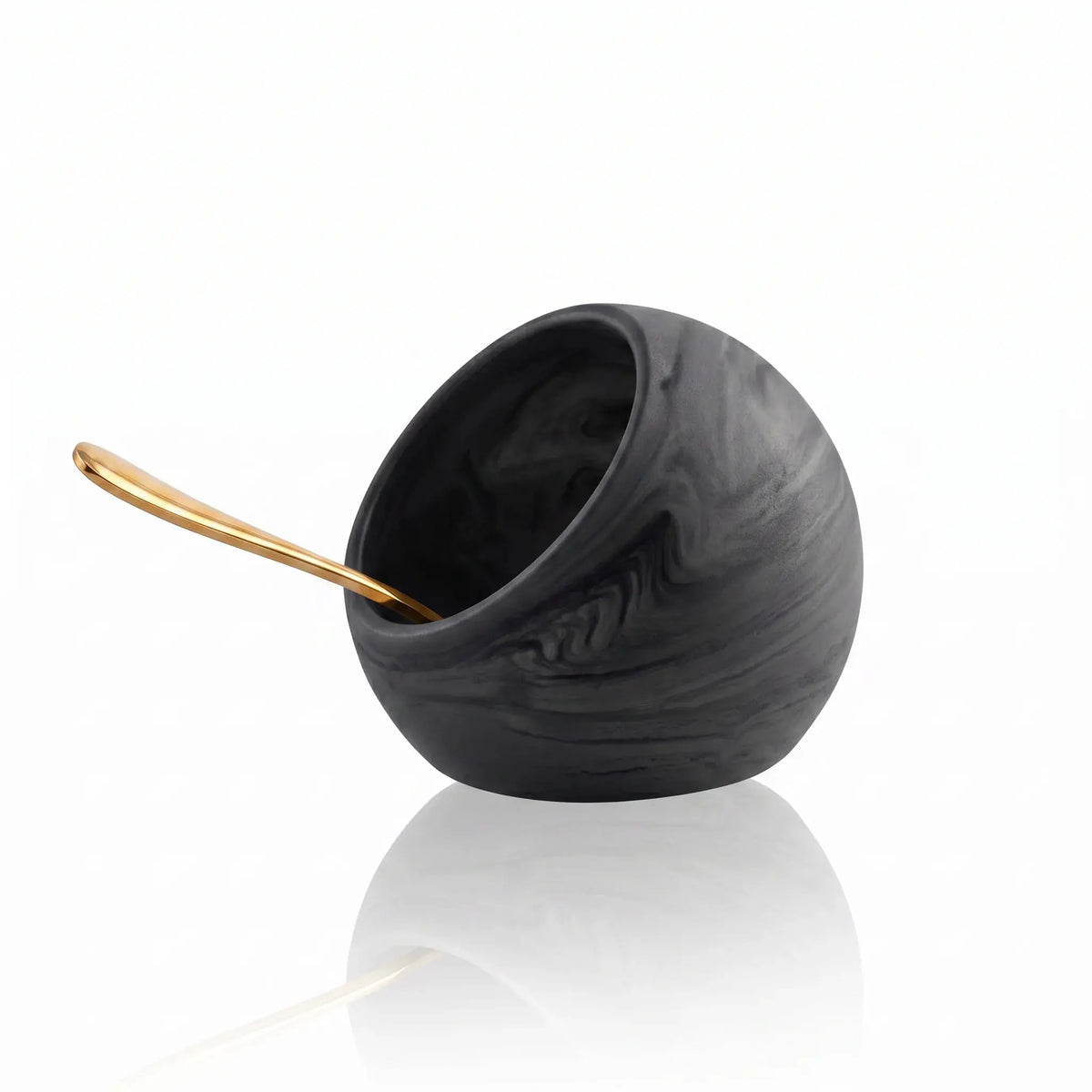 Black resin salt cellar with wooden spoon by Waterdale Collection, perfect for tabletop serving and entertaining.