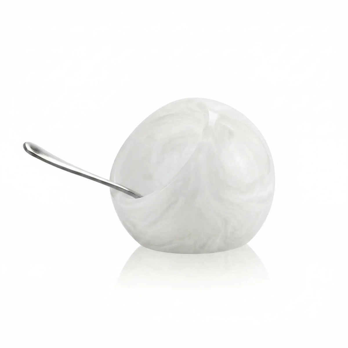 White resin salt cellar with metal spoon by Waterdale Collection, elegant tabletop accessory for dining and entertaining.