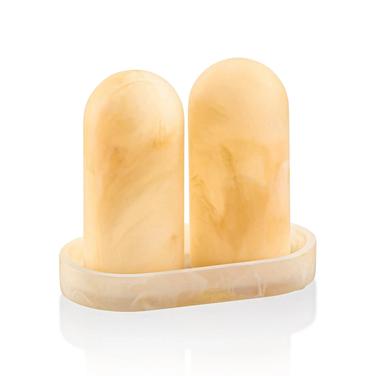 Cream and white resin salt shaker set with matching rectangular tray from Waterdale Collection's MetaLucite Pesach Collection.