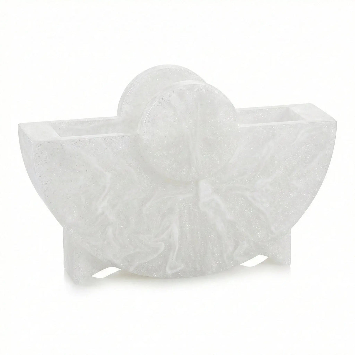 White resin round napkin holder with decorative bow detail, ideal for Pesach table settings and holiday entertaining