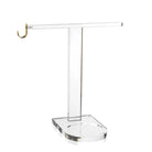 Clear acrylic towel and cup stand with ring holder from Waterdale Collection, featuring a sturdy base and vertical pole for bathroom or vanity organization.