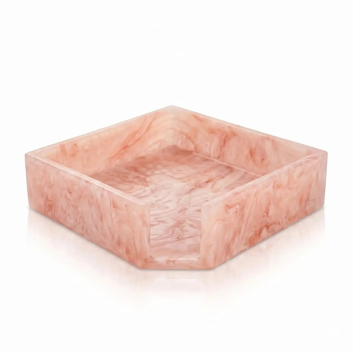 Square resin napkin holder in blush pink with marbled texture, perfect for Pesach tableware and holiday entertaining.