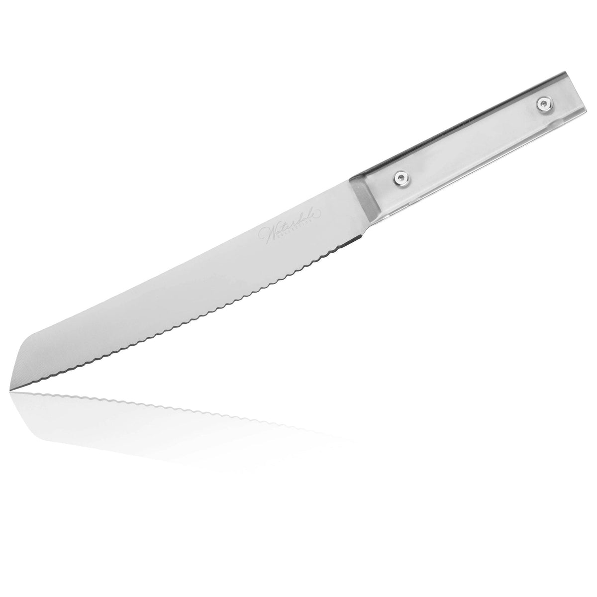 Waterdale Collection classic bread knife with serrated stainless steel blade and metallic handle, displayed at an angle.