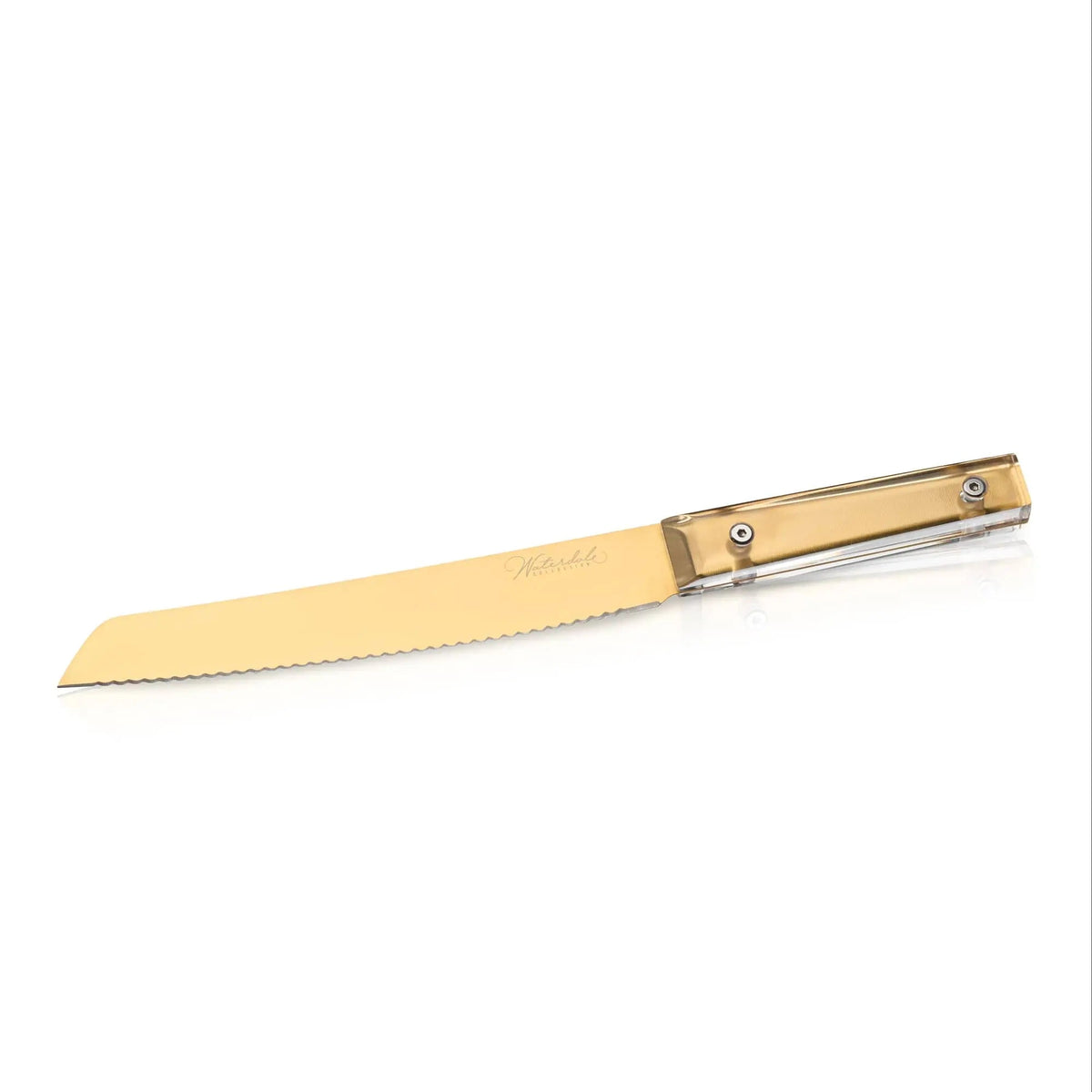 Waterdale Collection classic bread knife with tan wooden handle and serrated stainless steel blade for slicing bread.