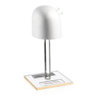 Classic Lucite wig head with chrome stand on wooden base, perfect for wig display and styling