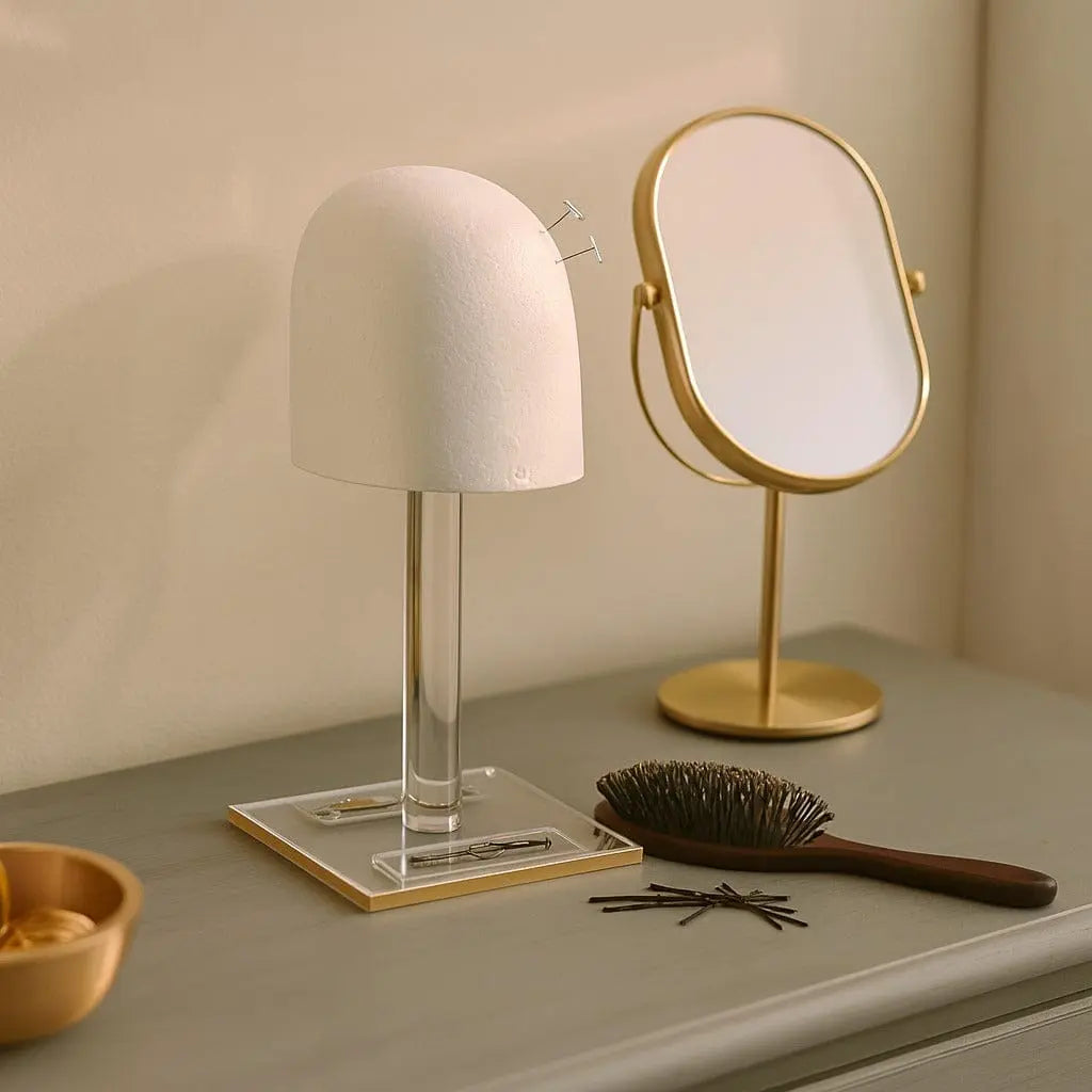 Classic Lucite wig head display stand in white with gold-trimmed mirror and styling accessories on marble surface.