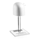 Classic Lucite wig head with white dome and clear acrylic base stand, ideal for wig display and styling