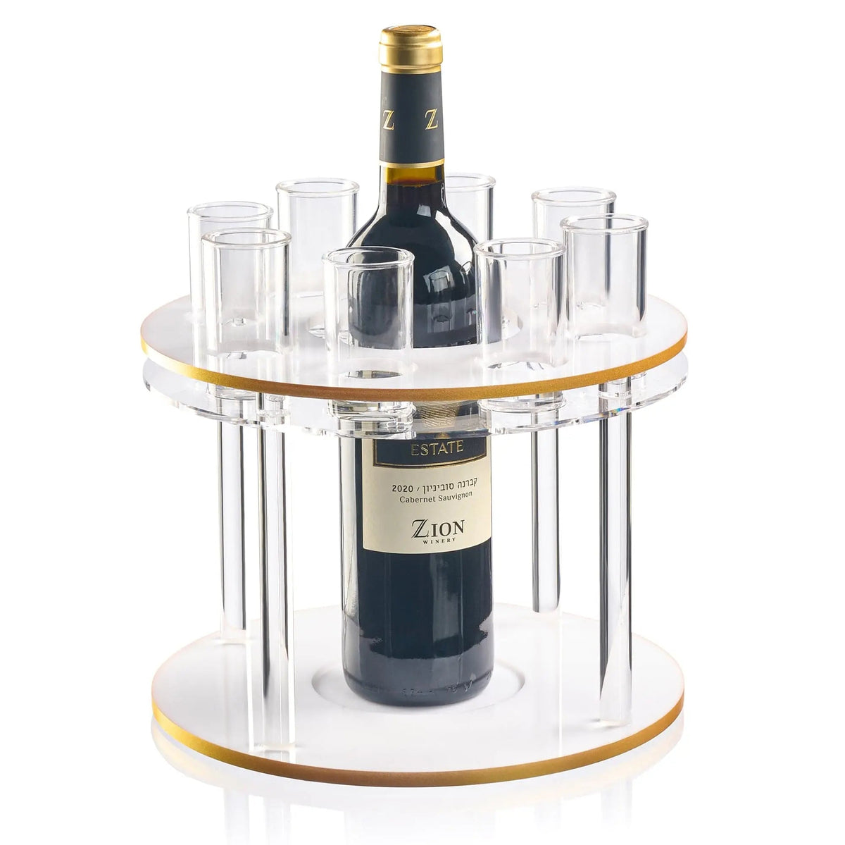 Classic Round Liquor Set with white acrylic base, gold trim, eight clear glasses, and wine bottle holder in center