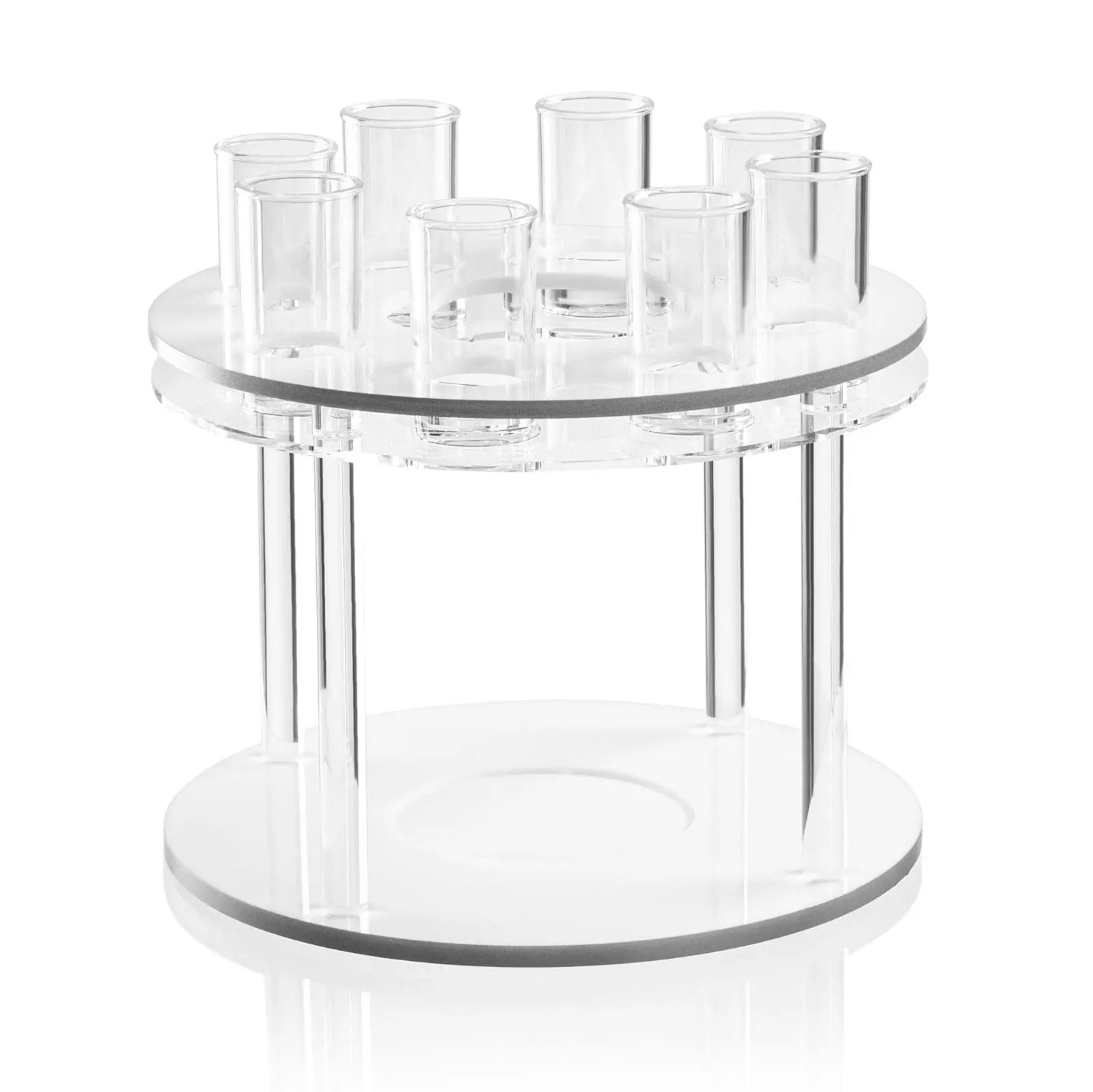 Classic Round Liquor Set with clear glass bottles arranged on tiered acrylic stand, ideal for Shabbat and holiday entertaining.