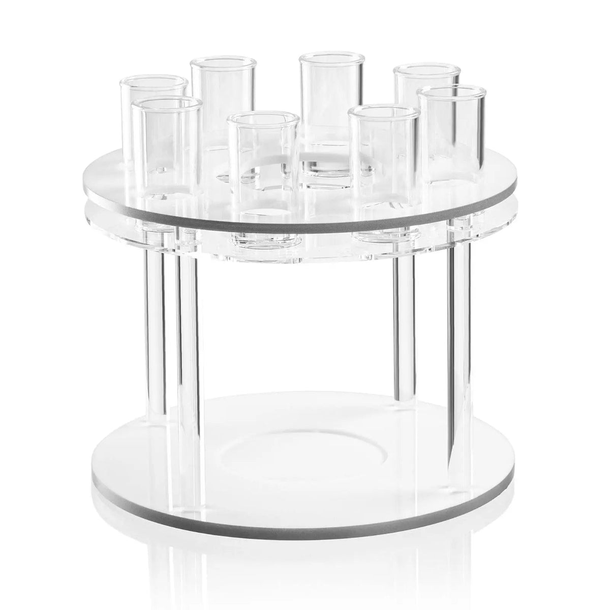 Classic Round Liquor Set with clear glass bottles arranged on tiered acrylic stand, ideal for Shabbat and holiday entertaining.