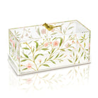Rectangular floral bird cake dome with painted botanical and bird design on cream background, gold metal handle and trim, by Waterdale Collection.