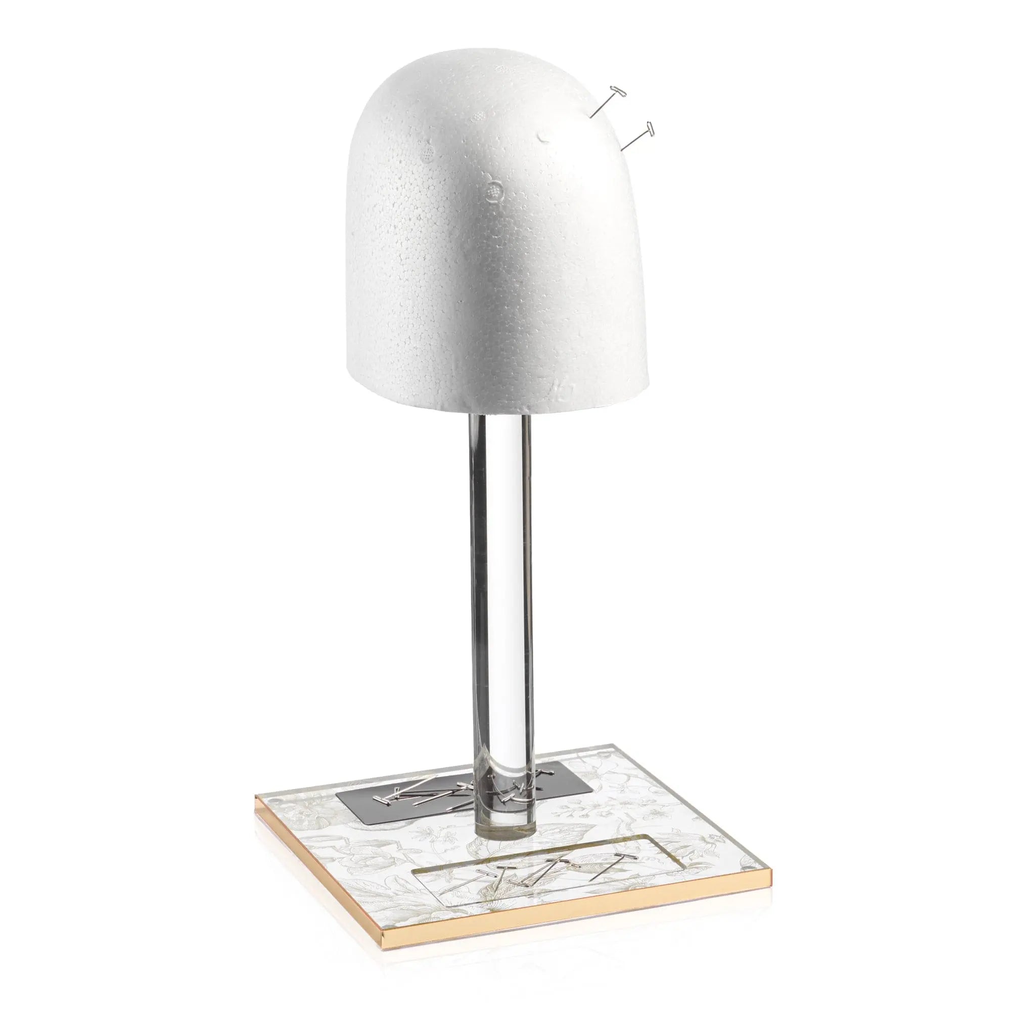 French Toile Lucite wig head with wooden base stand, clear acrylic dome cap on metal pole for display and styling.