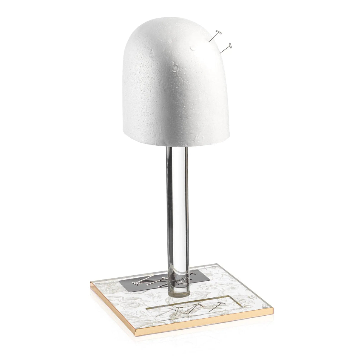 French Toile Lucite wig head with wooden base stand, clear acrylic dome cap on metal pole for display and styling.