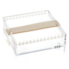 Clear acrylic napkin holder with leather strap handles and gold metal accents, featuring a light wood divider and diamond pattern detailing on sides.