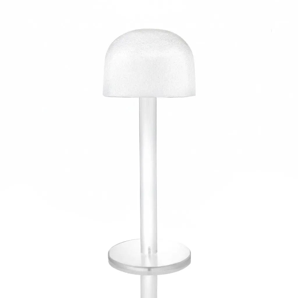 Clear acrylic wig head display stand with rounded dome top and cylindrical base for styling and storage.