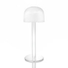 Clear acrylic wig head display stand with rounded dome top and cylindrical base for styling and storage.