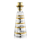 Elegant glass wine decanter with gold-trimmed bands and matching stopper, perfect for Mishloach Manos gifting.