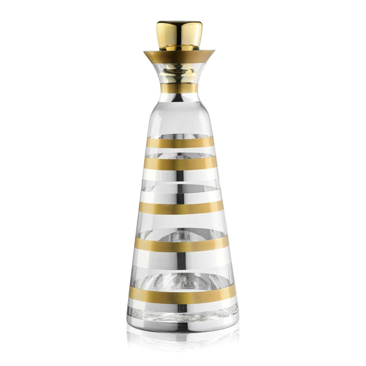 Elegant glass wine decanter with gold-trimmed bands and matching stopper, perfect for Mishloach Manos gifting.