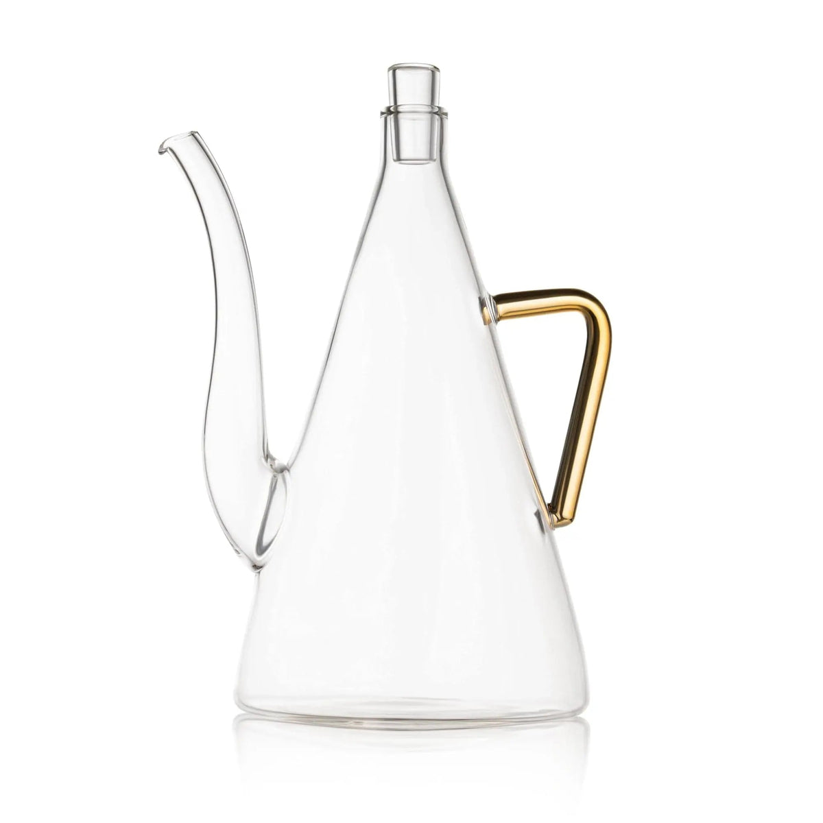 Glass Oil Jug from Waterdale Collection with a gold metal handle and long pouring spout, for filling a menorah on Chanukah