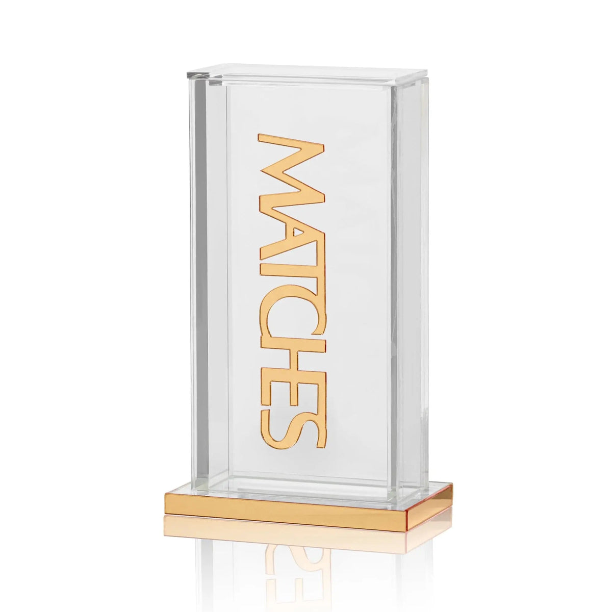 Waterdale Collection pillar match holder with white frosted glass body, gold "MATCHES" text, and natural wood base for Shabbat and havdalah.