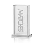 Modern silver metal pillar match holder with engraved Waterdale Collection branding, perfect for Shabbat and havdalah ceremonies.