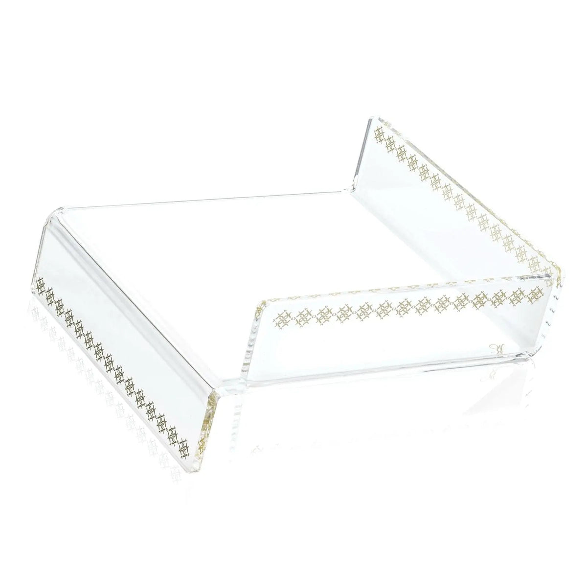 Waterdale Collection raised inspired napkin holder in clear acrylic with decorative beaded trim detail, displayed at an angle showing the open rectangular design.