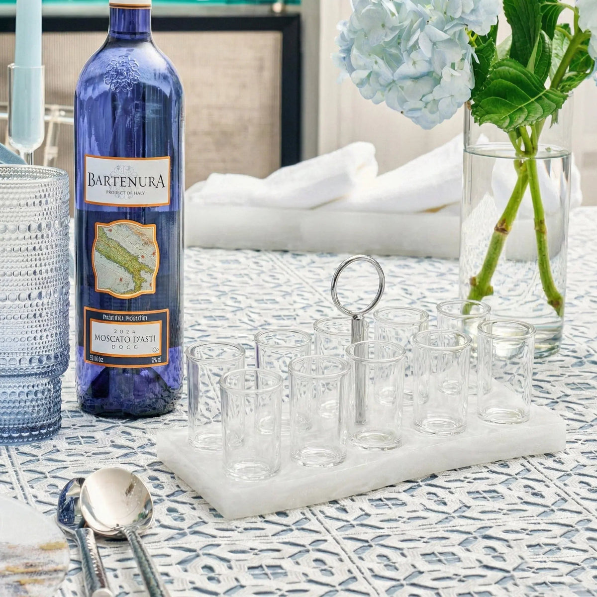 Resin Curve Liquor Set in white with bottle holder and matching cups for Shabbat and kiddush service