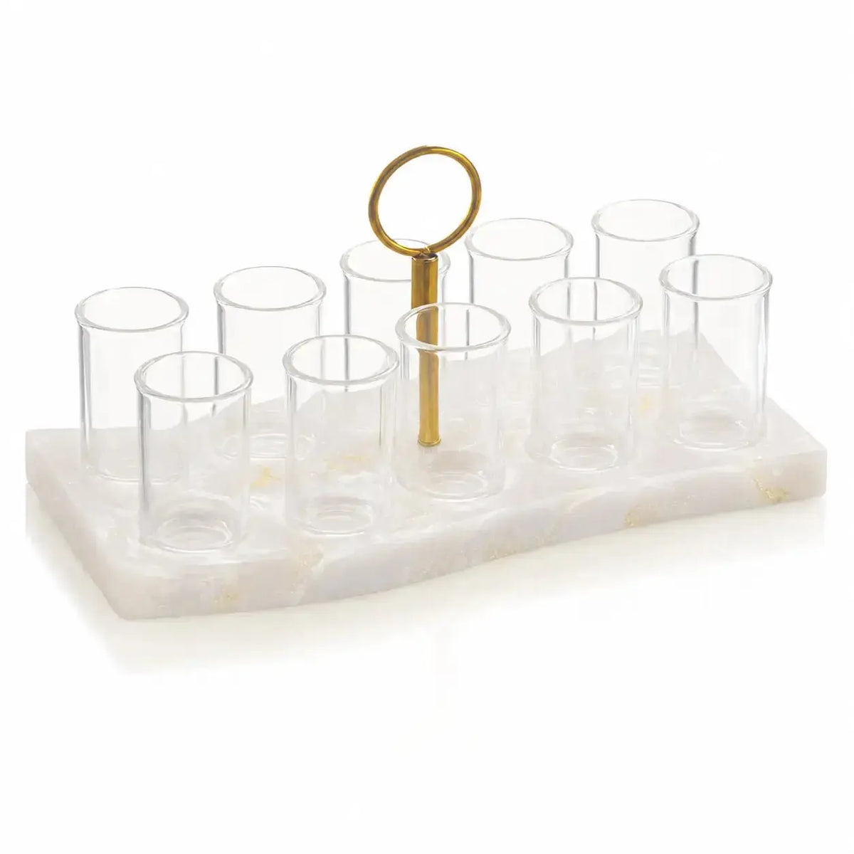 Resin Curve Liquor Set with clear glass cups arranged on cream-colored base and gold-toned handle for serving drinks.