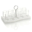 Resin Curve Liquor Set with clear glass cups and matching resin holder in cream white, perfect for Shabbat and kiddush service