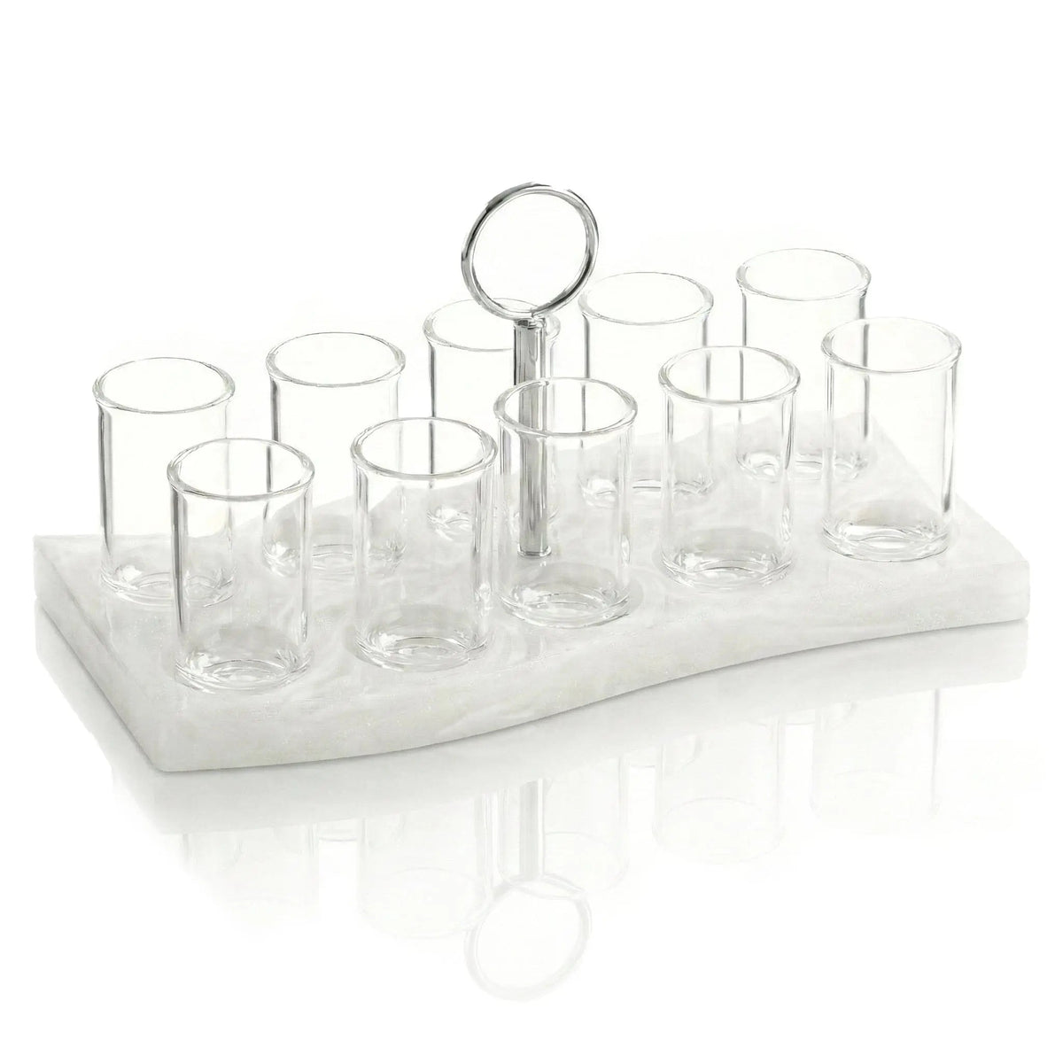 Resin Curve Liquor Set with clear glass cups and matching resin holder in cream white, perfect for Shabbat and kiddush service